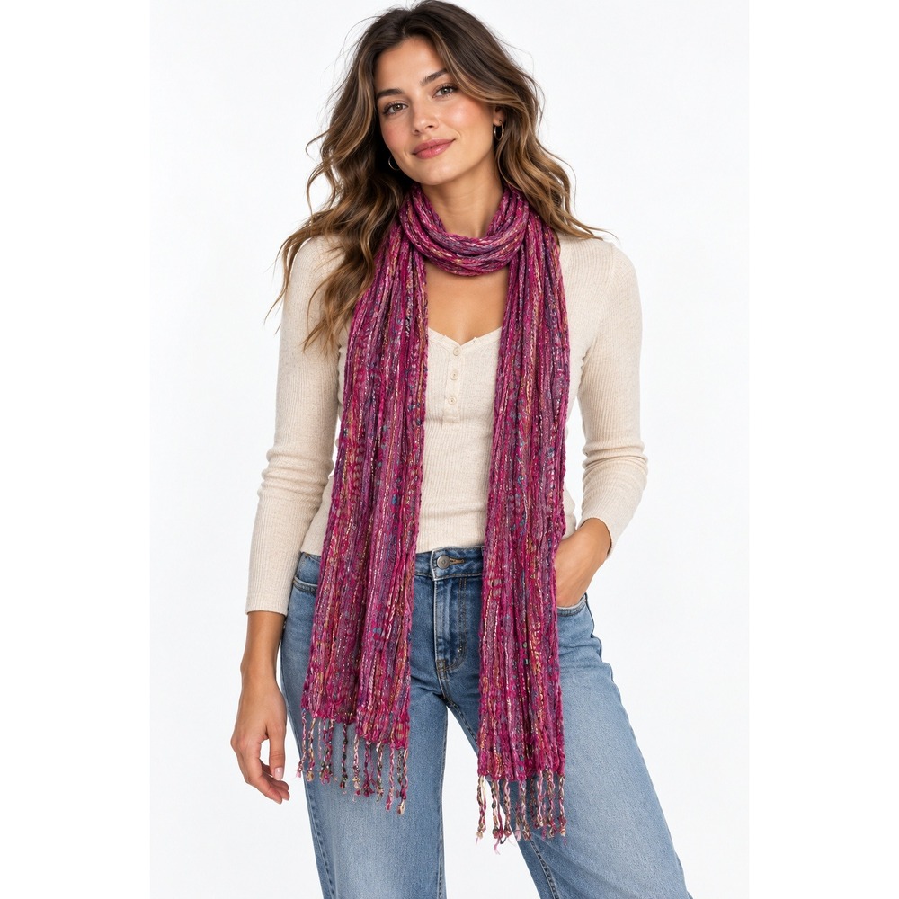 Boho Pink Metallic Fringe Scarf Open Weave Festival Fairy Maximalist Y2K Layer
